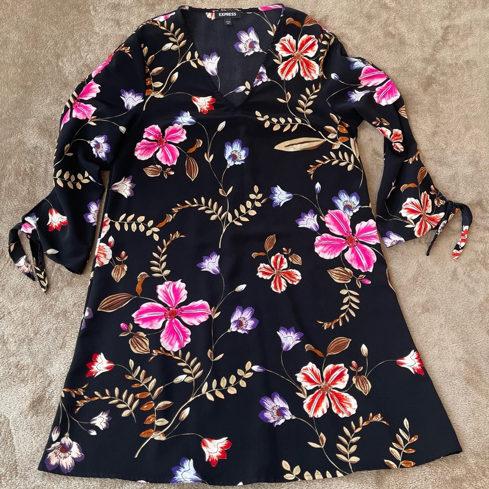 Express Black Dress with Pink and Purple Floral Design